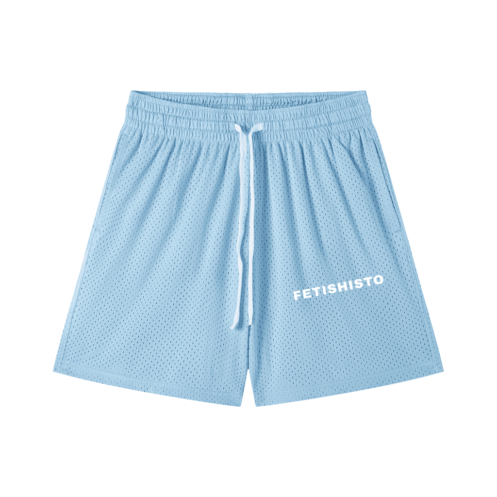Light blue mesh drawstring fetish shorts with white FETISHISTO logo and adjustable waistband