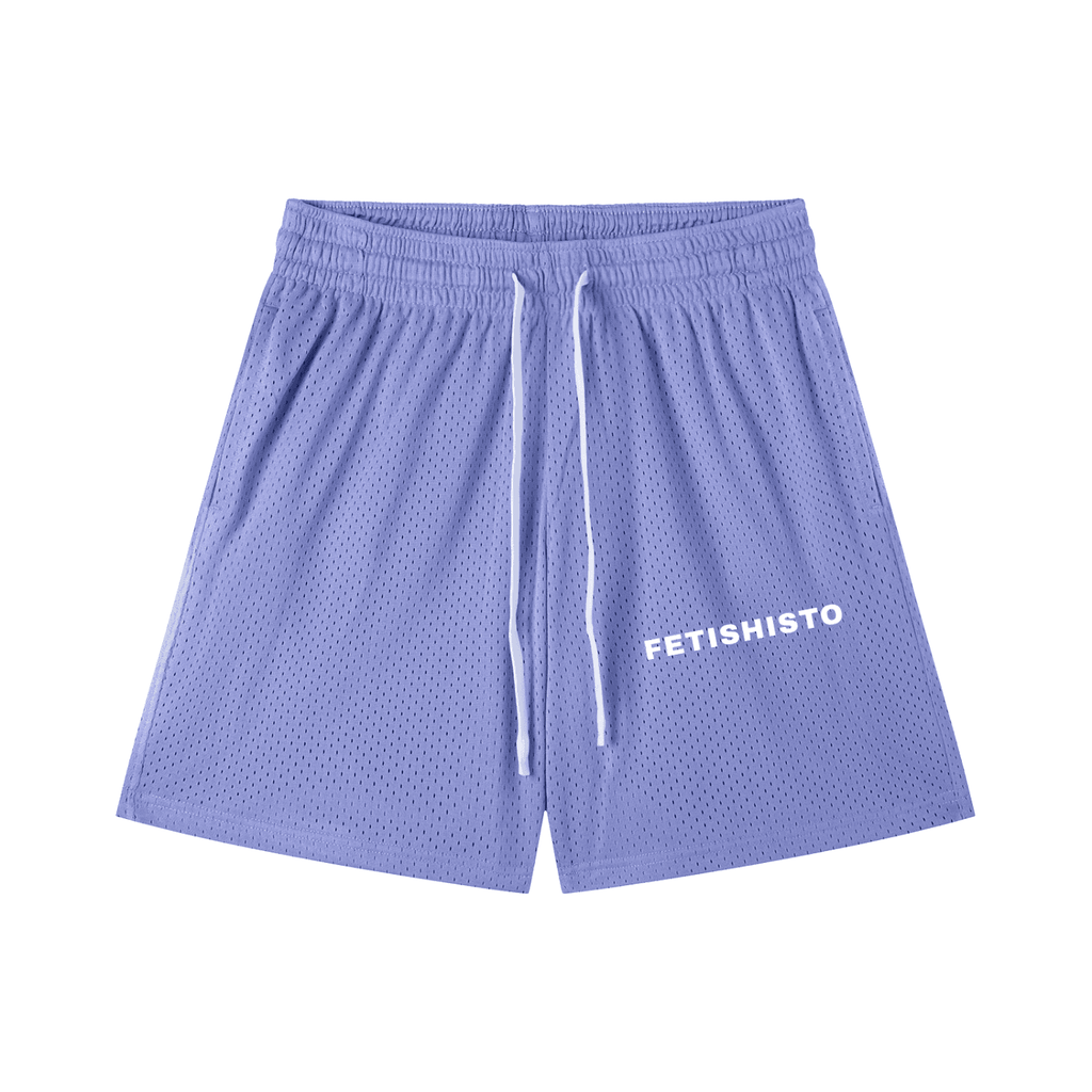 FETISHISTO light purple mesh drawstring fetish shorts with white logo and adjustable waistband