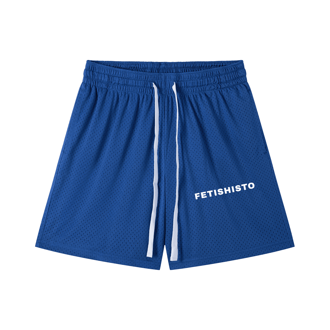 Blue mesh drawstring fetish shorts by FETISHISTO with white logo and adjustable waistband