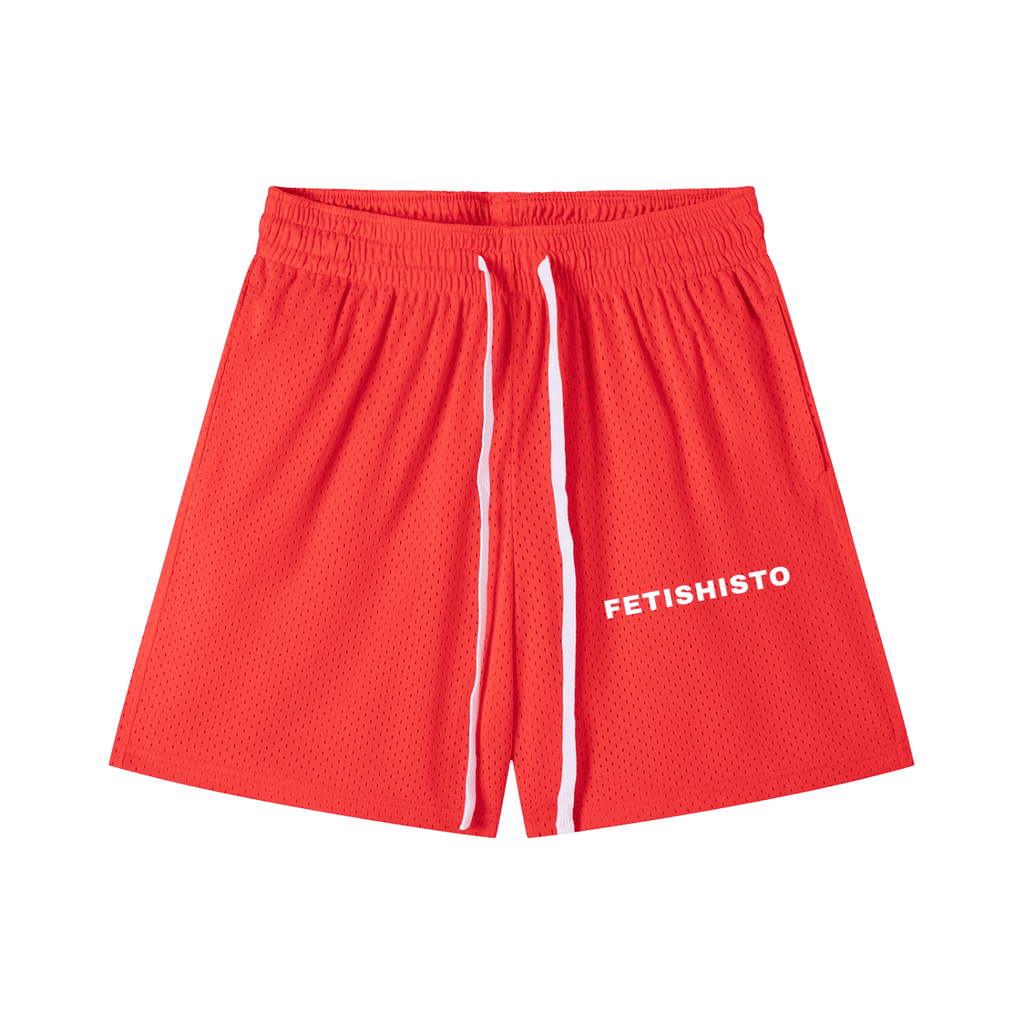 Red mesh drawstring fetish shorts with white drawstrings and FETISHISTO logo on the side