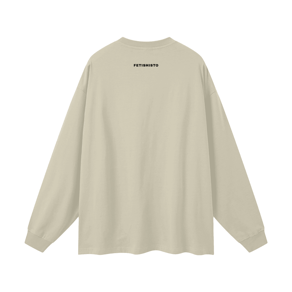 Beige oversized fetish long sleeve shirt by FETISHISTO showing back view with logo