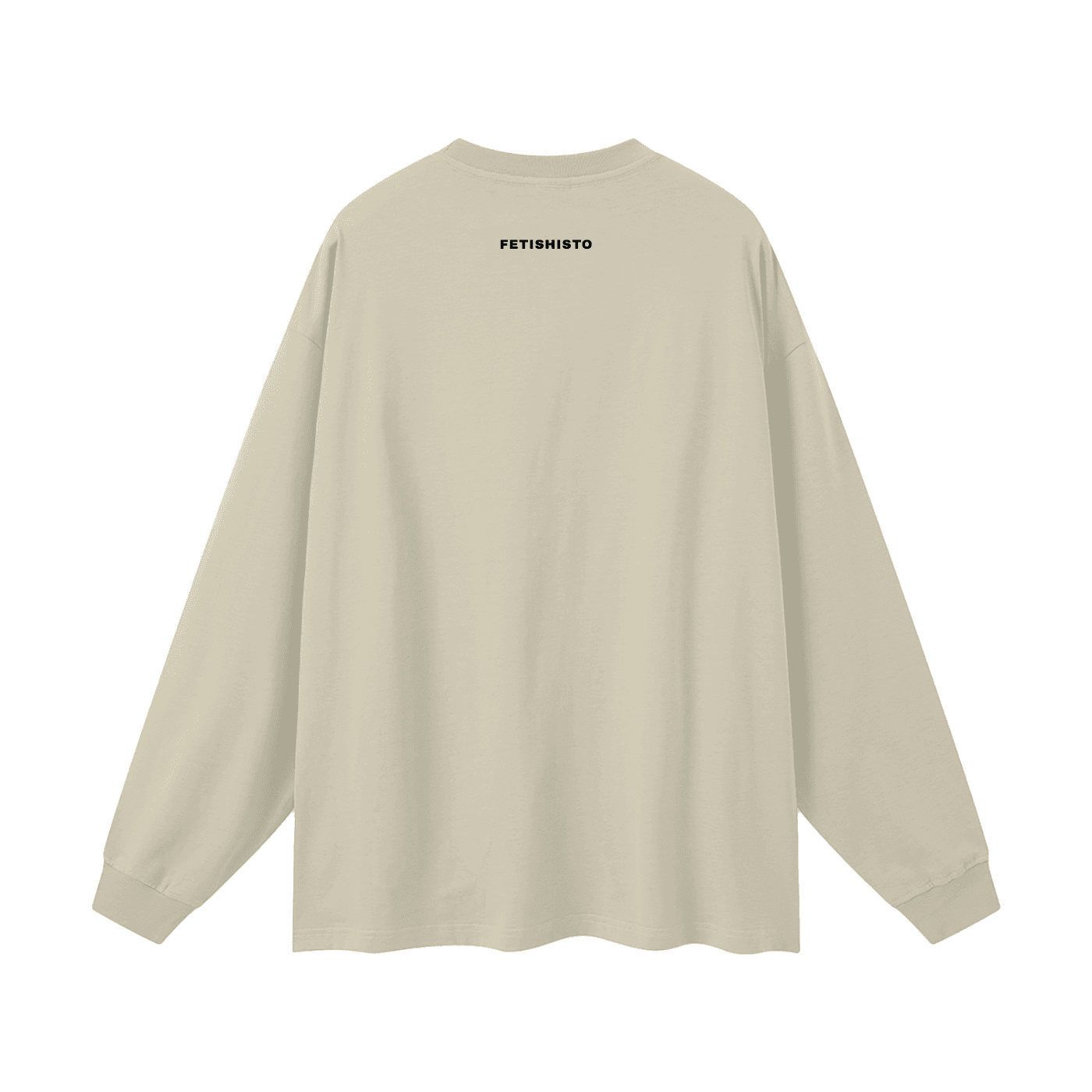 Beige oversized fetish long sleeve shirt by FETISHISTO showing back view with logo