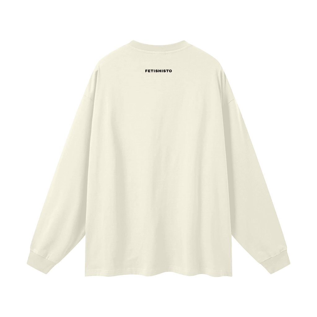 Back view of oversized fetish long sleeve shirt in off-white with FETISHISTO logo on upper back