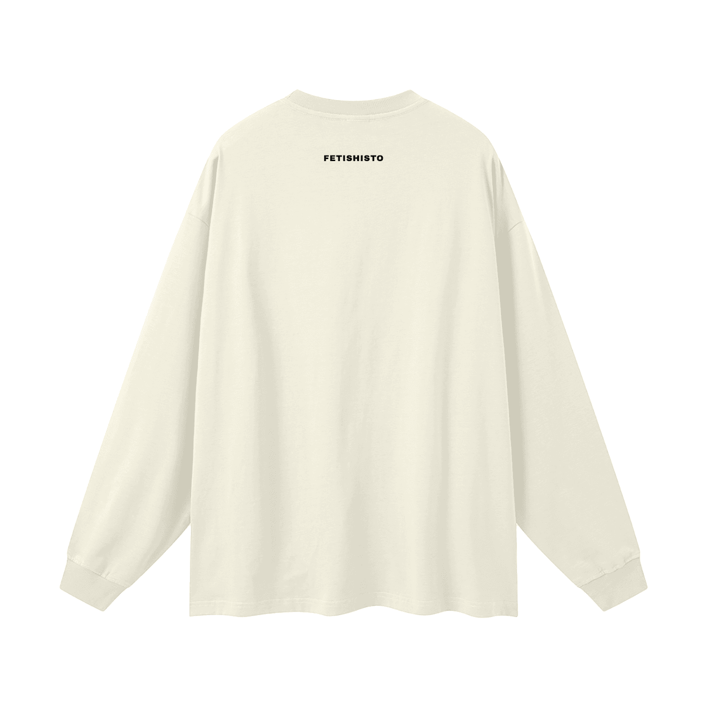 Back view of oversized fetish long sleeve shirt in off-white with FETISHISTO logo on upper back