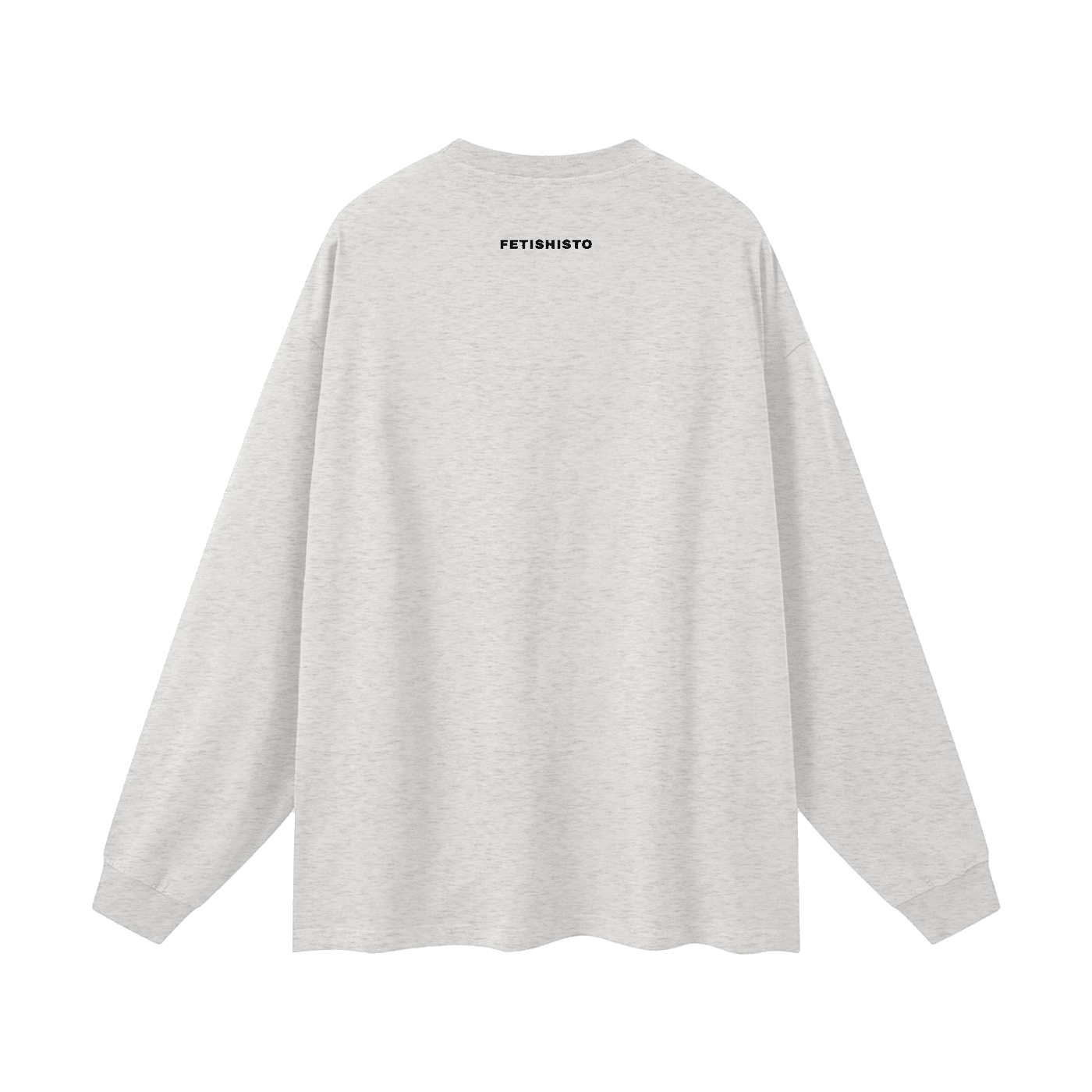 Gray oversized fetish long sleeve shirt by FETISHISTO with small black logo on the upper back