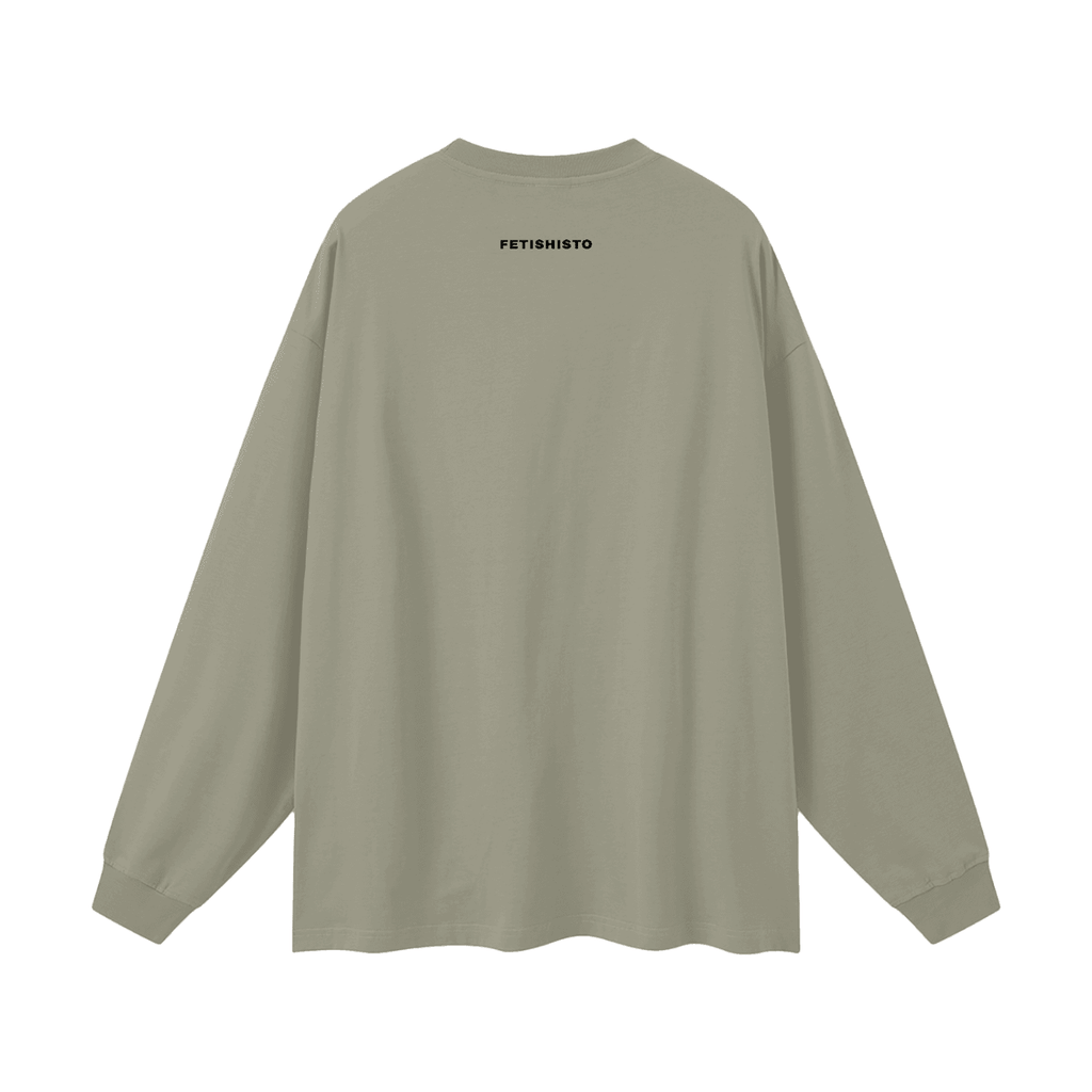 Back view of oversized fetish long sleeve shirt in muted green by FETISHISTO with black logo print