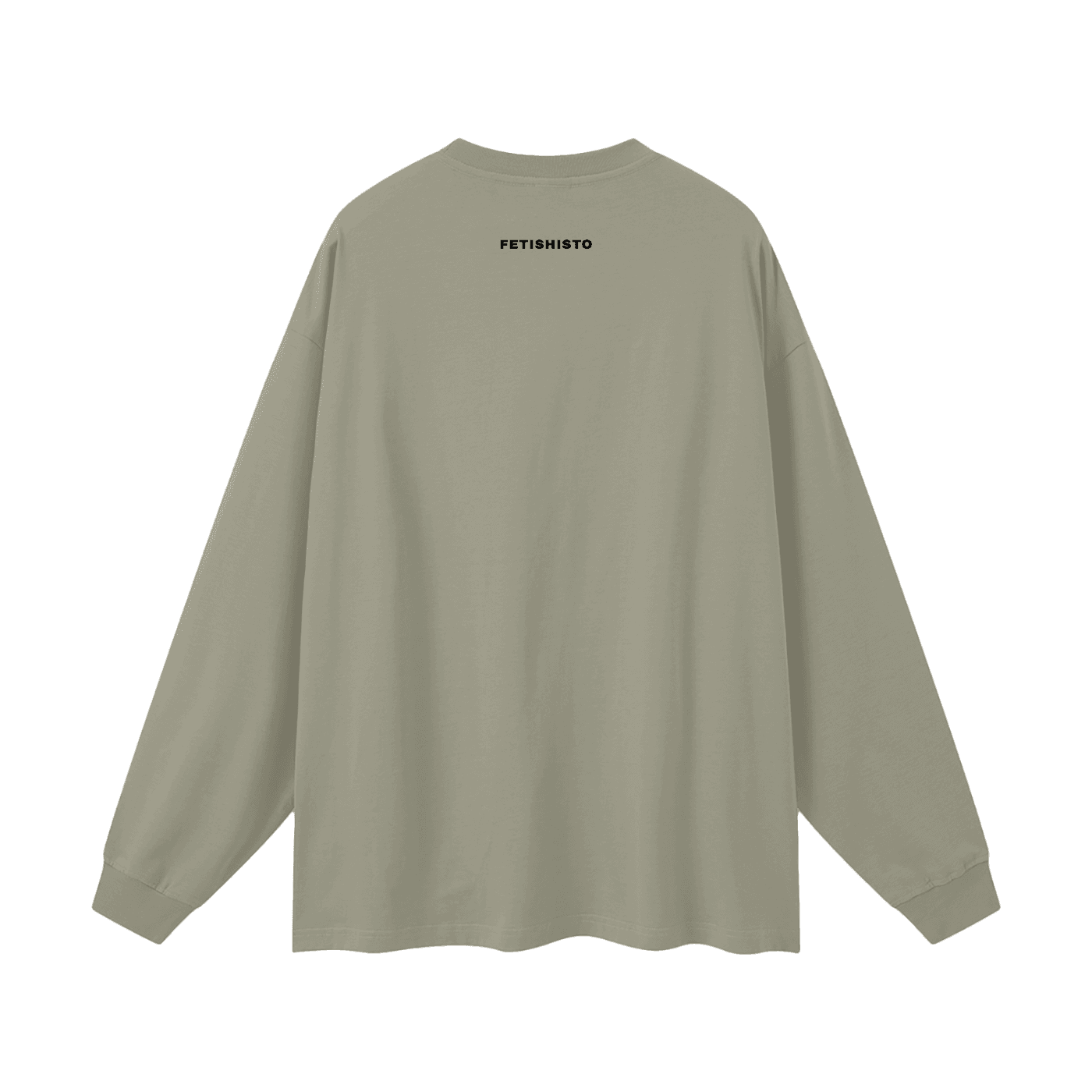 Back view of oversized fetish long sleeve shirt in muted green by FETISHISTO with black logo print