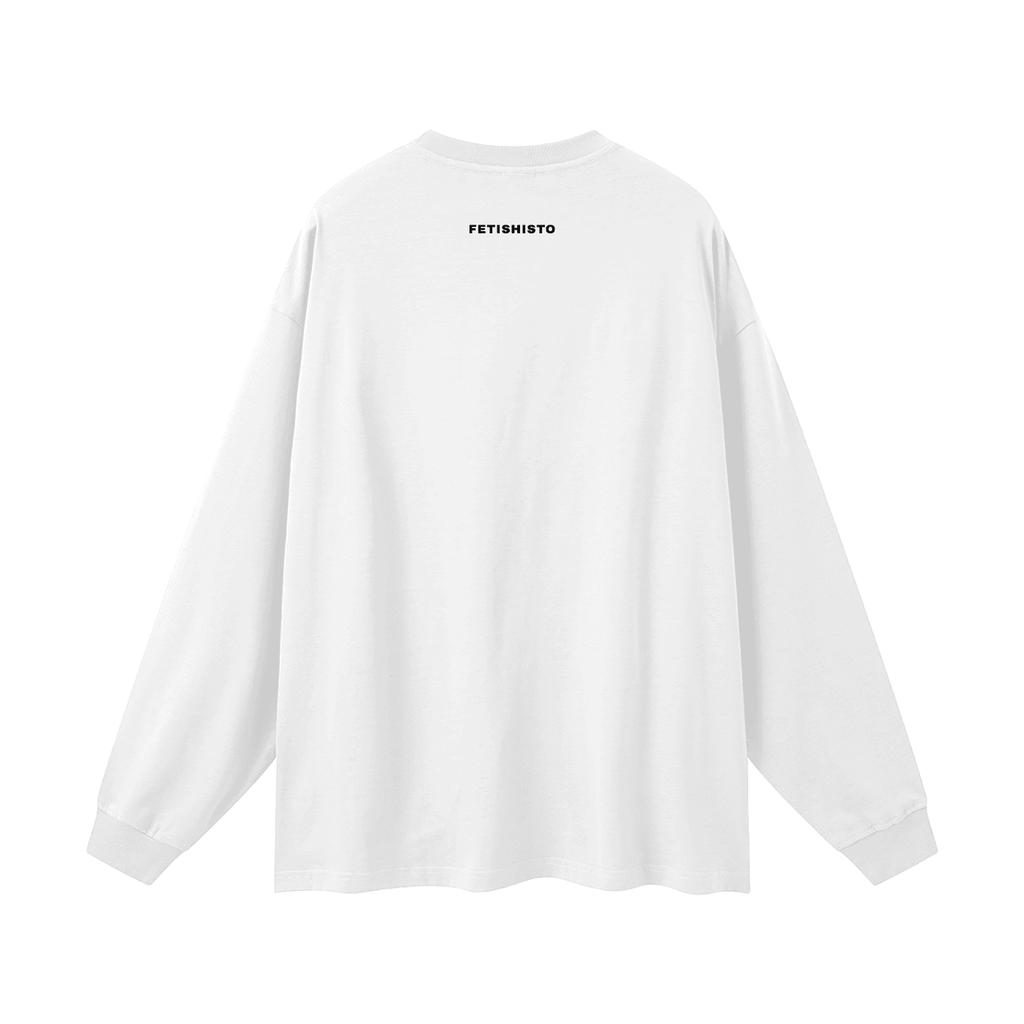 FETISHISTO white oversized fetish long sleeve shirt with small logo print on the back neckline