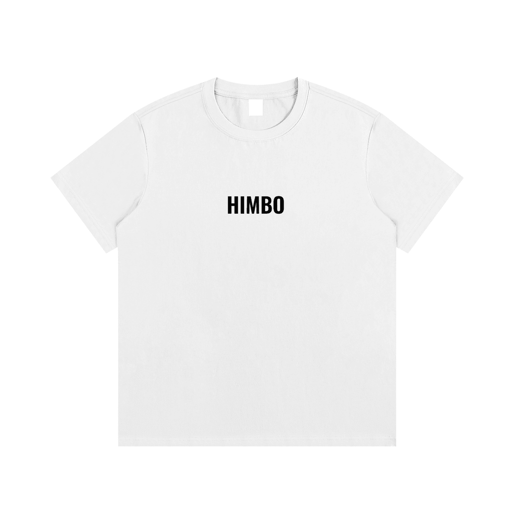 White HIMBO fetish t-shirt with black text printed on the front by FETISHISTO