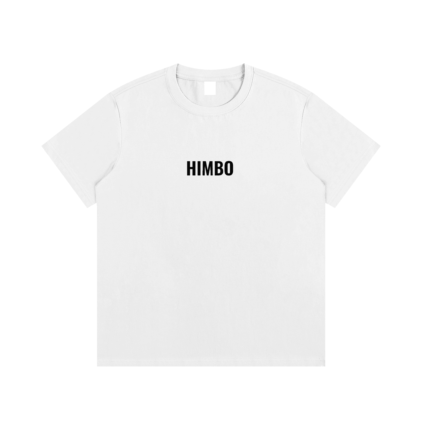 White HIMBO fetish t-shirt with black text printed on the front by FETISHISTO