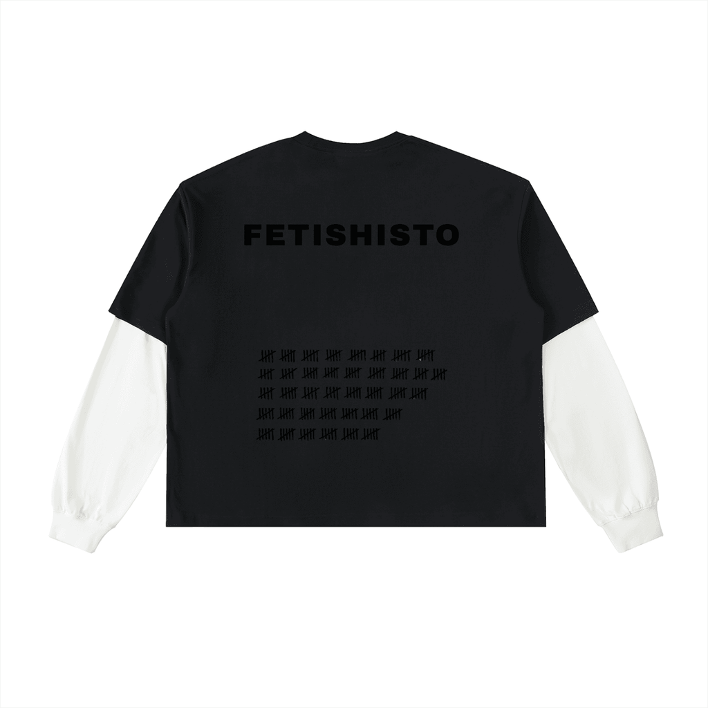 FETISHISTO black and white layered contrast sleeve t-shirt with logo and tally mark design on back