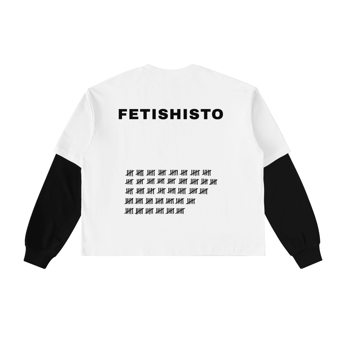 FETISHISTO layered contrast sleeve t-shirt in white with black sleeves and black graphic text on back