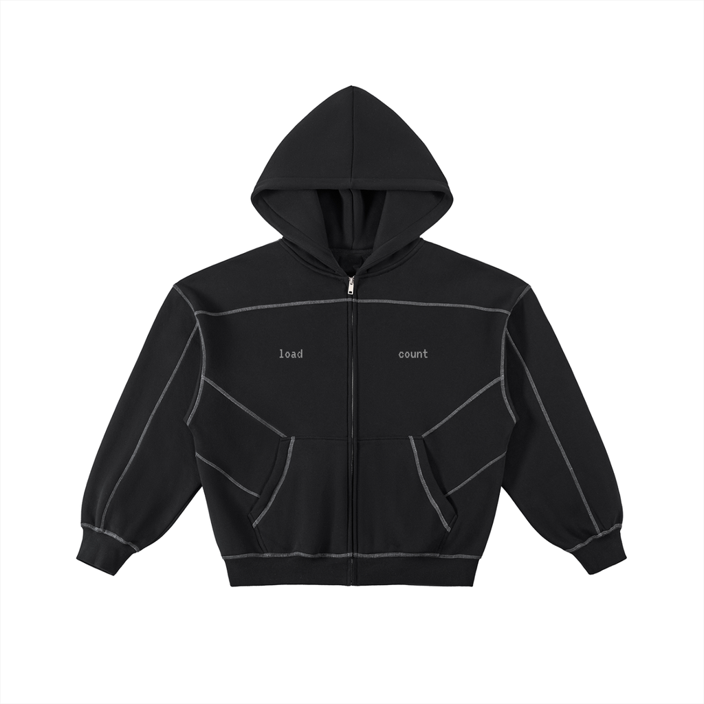 Black contrast-stitched fleece zip hoodie with full front zipper and hood from FETISHISTO