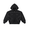 Black contrast-stitched fleece zip hoodie with full front zipper and hood from FETISHISTO