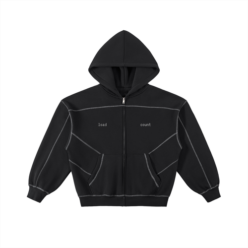 Black contrast-stitched fleece zip hoodie with full front zipper and hood from FETISHISTO
