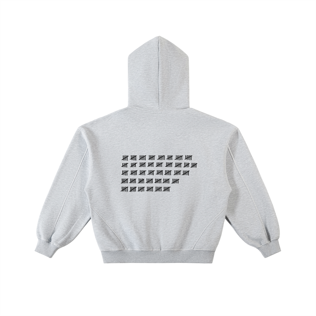 FETISHISTO contrast-stitched fleece zip hoodie in light gray with black tally mark design on back