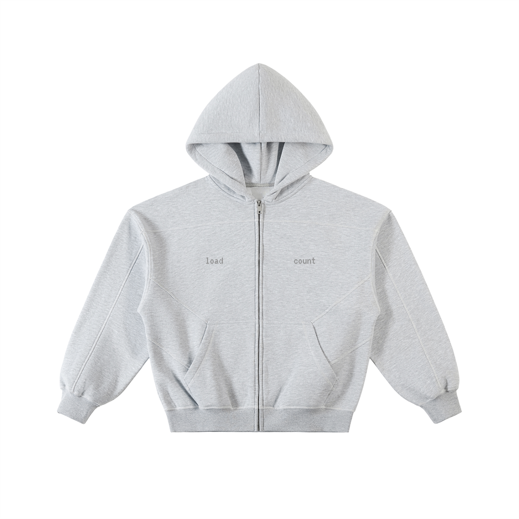 FETISHISTO gray contrast-stitched fleece zip hoodie with front pockets and full zipper