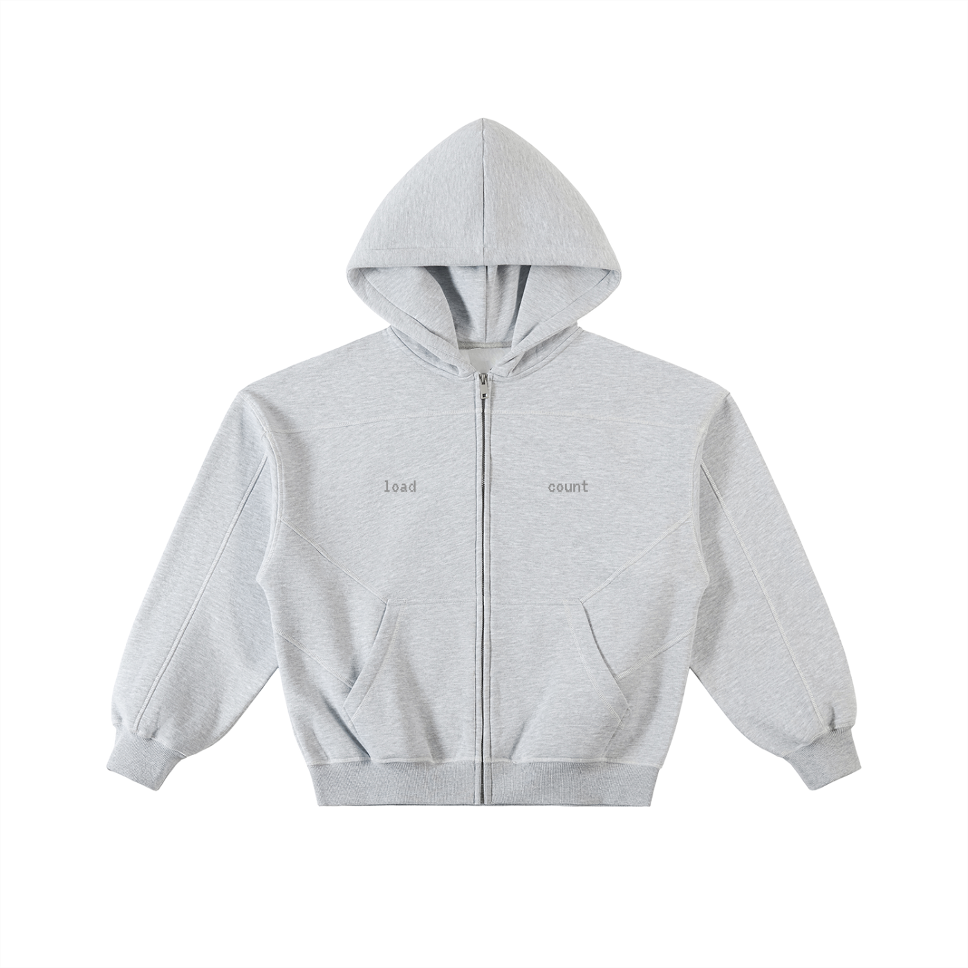 FETISHISTO gray contrast-stitched fleece zip hoodie with front pockets and full zipper