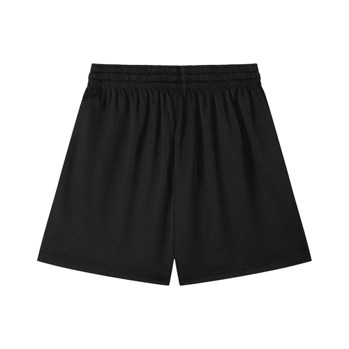 Black mesh drawstring shorts with elastic waistband for comfortable casual wear