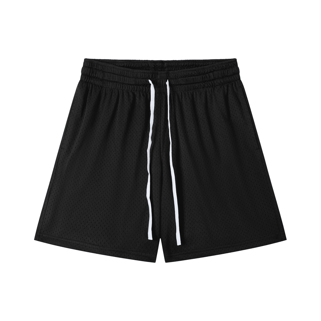Black mesh drawstring shorts with white drawstrings and breathable fabric by FETISHISTO