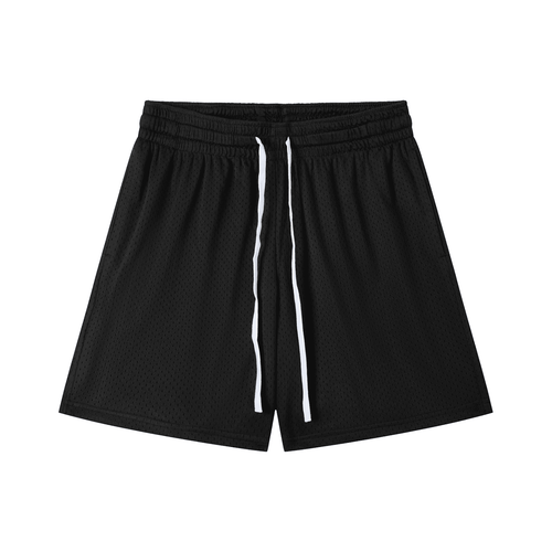 Black mesh drawstring shorts with white drawstrings and breathable fabric by FETISHISTO