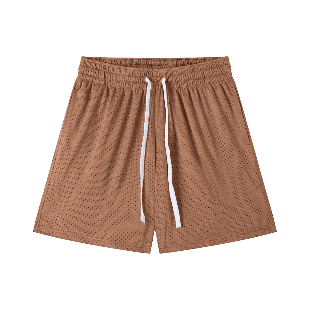 FETISHISTO brown mesh drawstring shorts with white adjustable strings and breathable fabric
