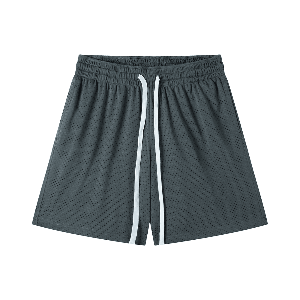 FETISHISTO black mesh drawstring shorts with white drawstrings and breathable fabric