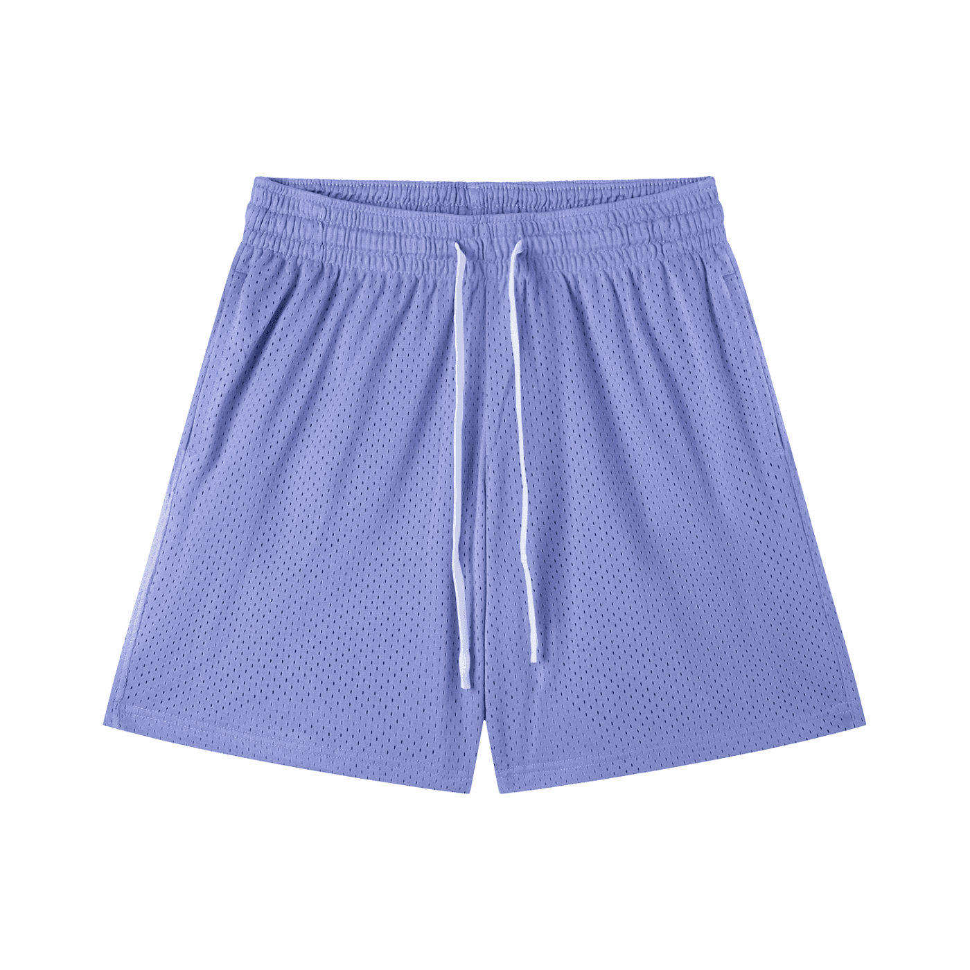 FETISHISTO light purple mesh drawstring shorts with elastic waistband and white drawstrings