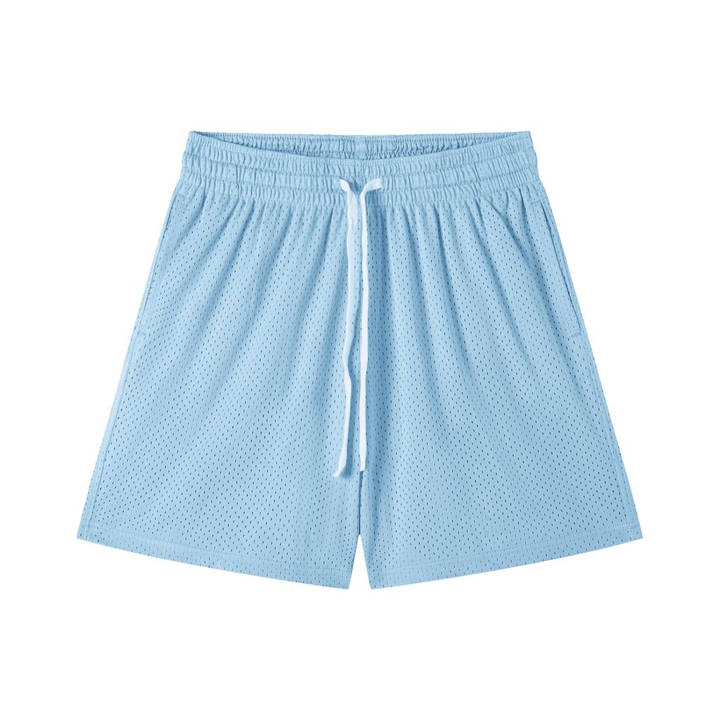 Light blue FETISHISTO mesh drawstring shorts with elastic waistband and white drawstring