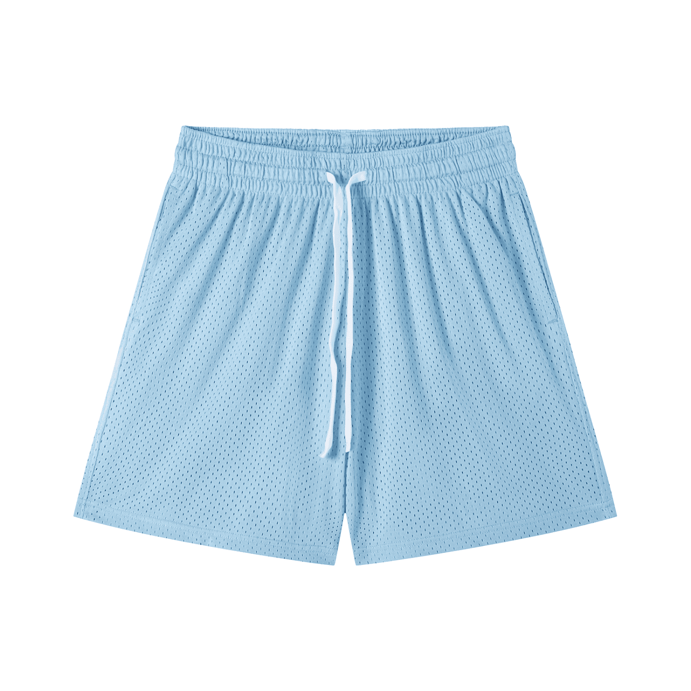 Light blue FETISHISTO mesh drawstring shorts with elastic waistband and white drawstring