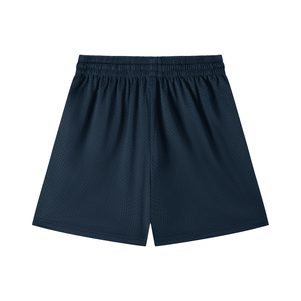 FETISHISTO navy mesh drawstring shorts with elastic waistband for breathable comfort