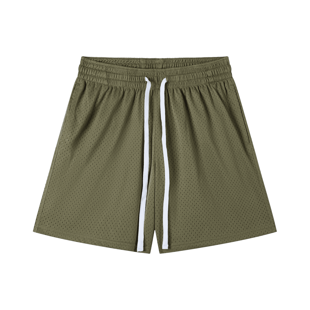 Olive green mesh drawstring shorts with white drawstrings and elastic waistband by FETISHISTO