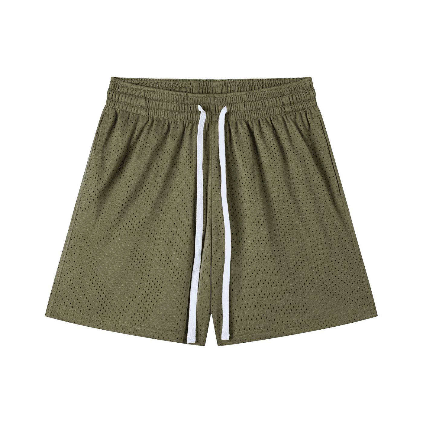 Olive green mesh drawstring shorts with white drawstrings and elastic waistband by FETISHISTO