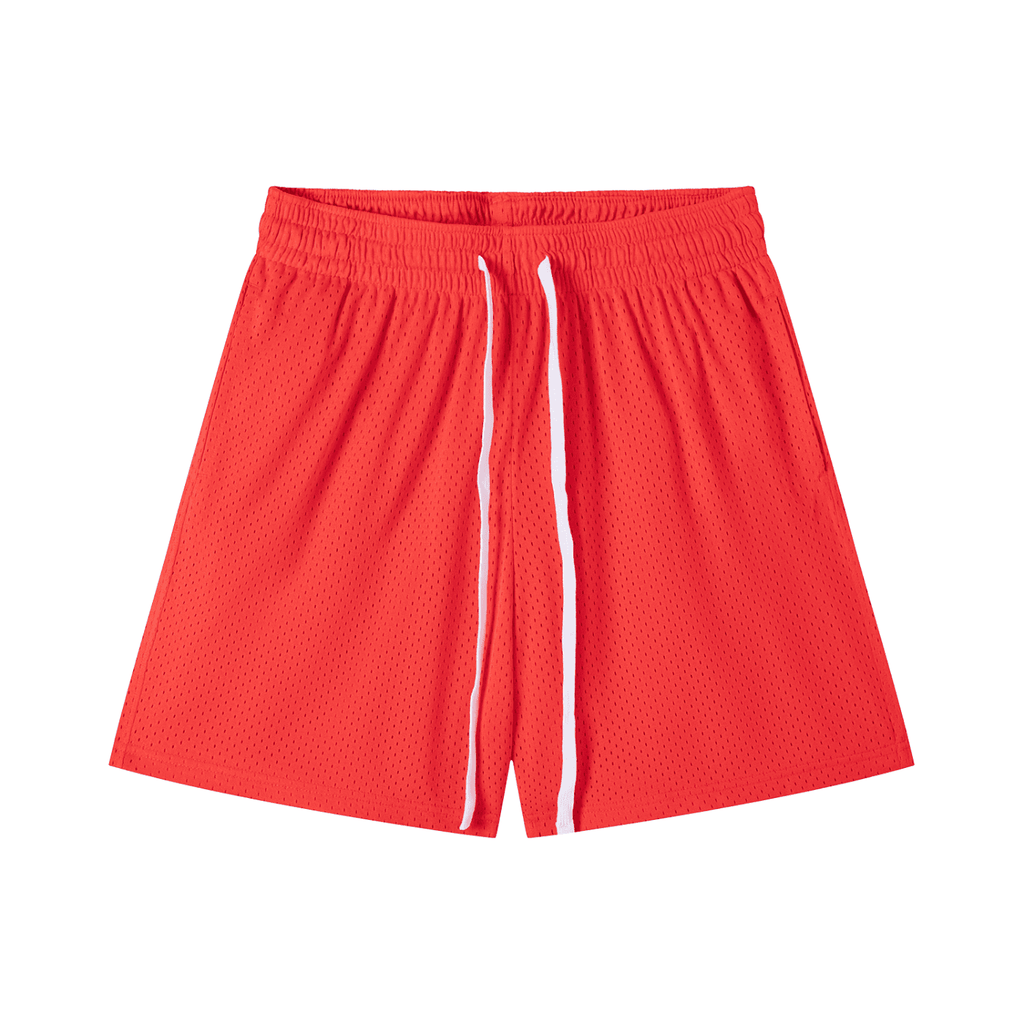 Red mesh drawstring shorts with white drawstrings and breathable fabric by FETISHISTO