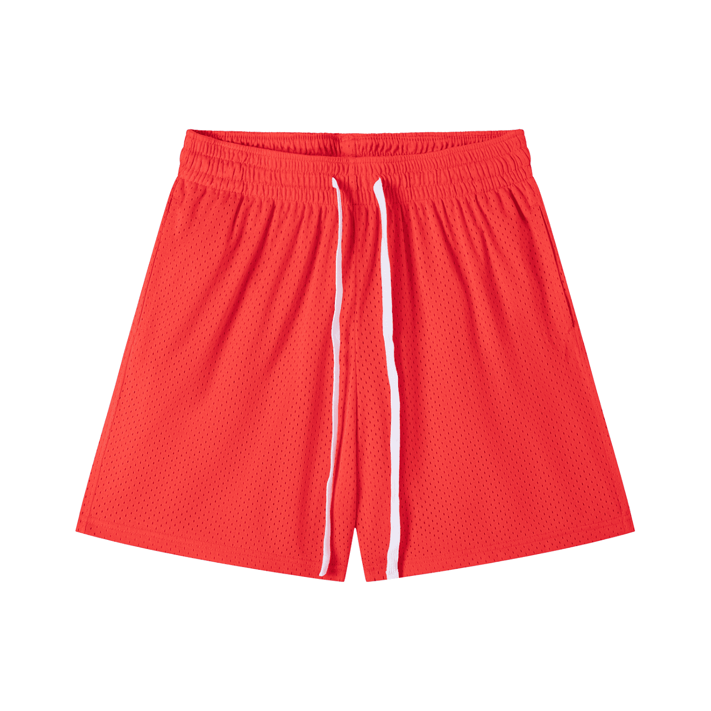 Red mesh drawstring shorts with white drawstrings and breathable fabric by FETISHISTO