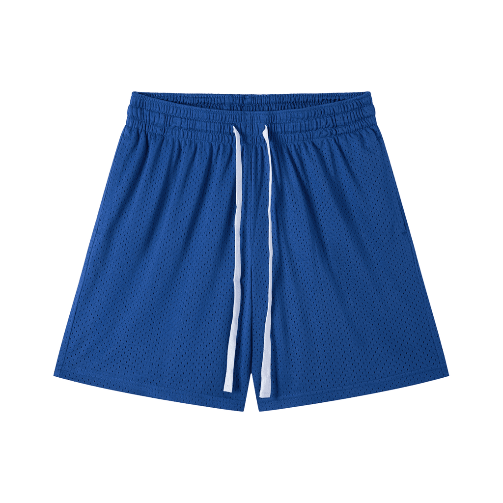 Blue mesh drawstring shorts with elastic waistband and white drawstrings by FETISHISTO