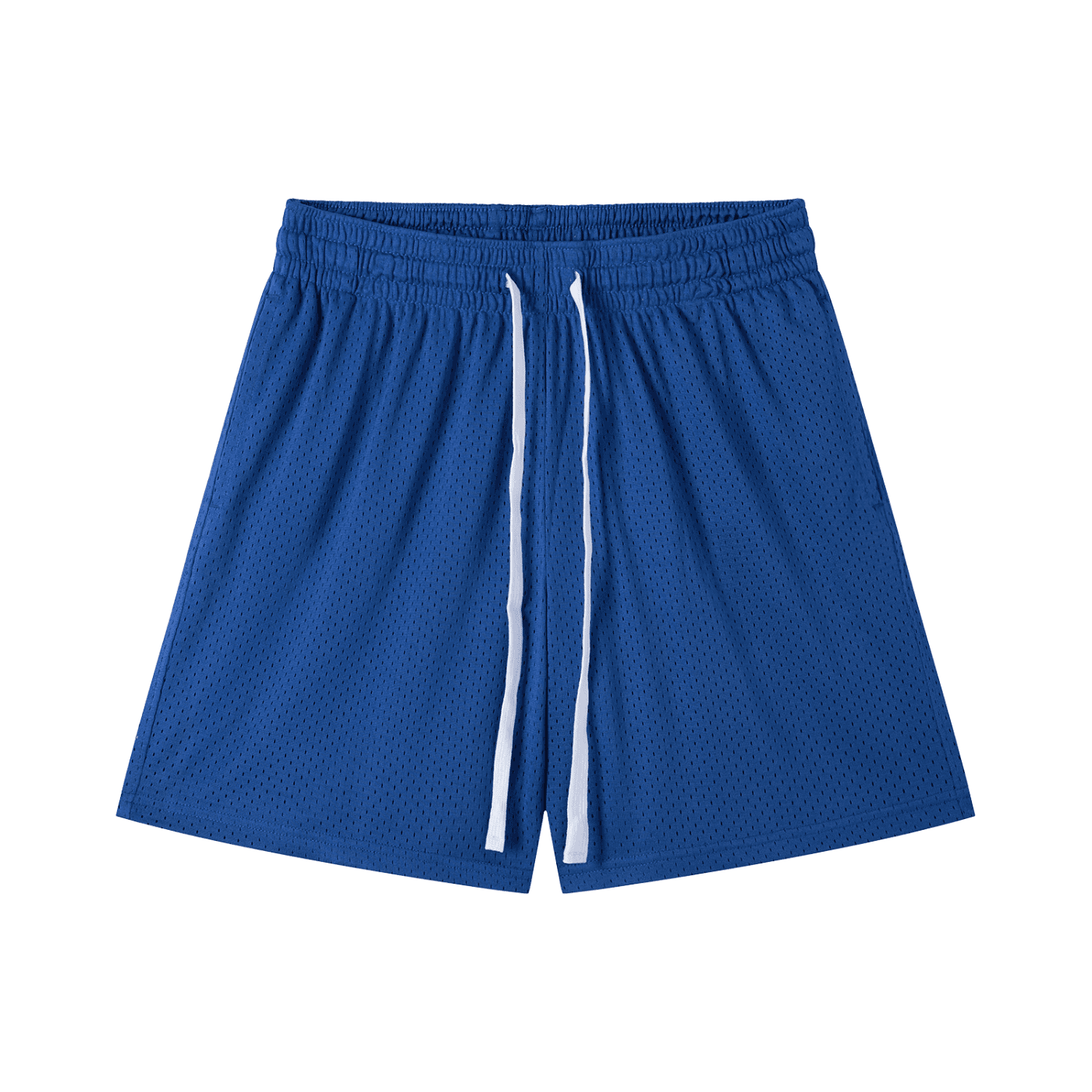 Blue mesh drawstring shorts with elastic waistband and white drawstrings by FETISHISTO