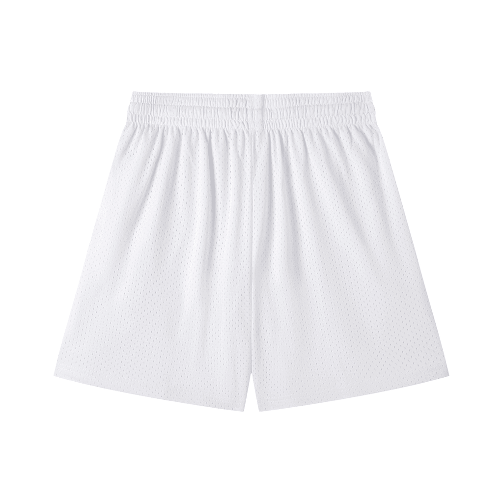 White mesh drawstring shorts with elastic waistband for adjustable comfort by FETISHISTO