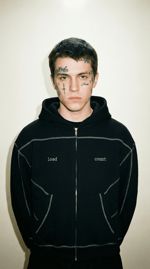 FETISHISTO black contrast-stitched fleece zip hoodie with front pockets and text design
