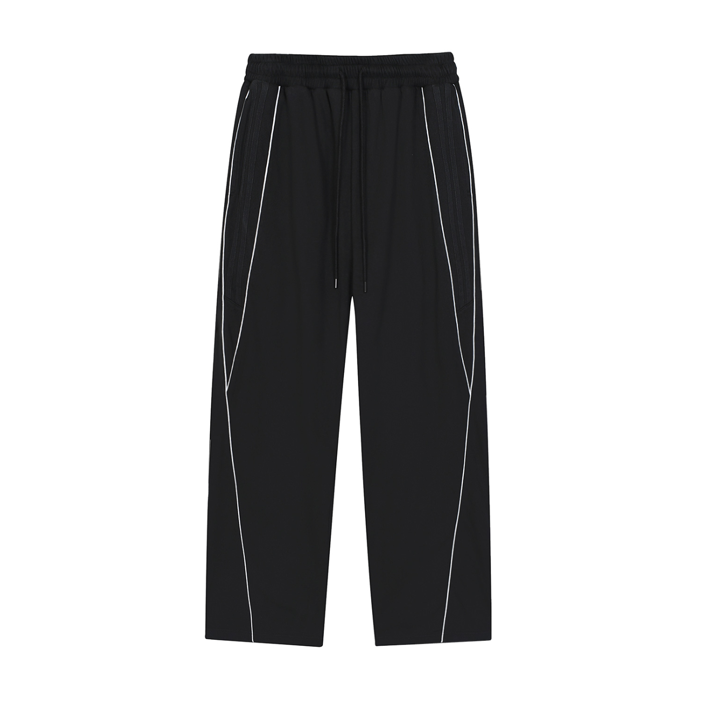 Black FETISHISTO reflection striped sweatpants with reflective white stripes and drawstring waist