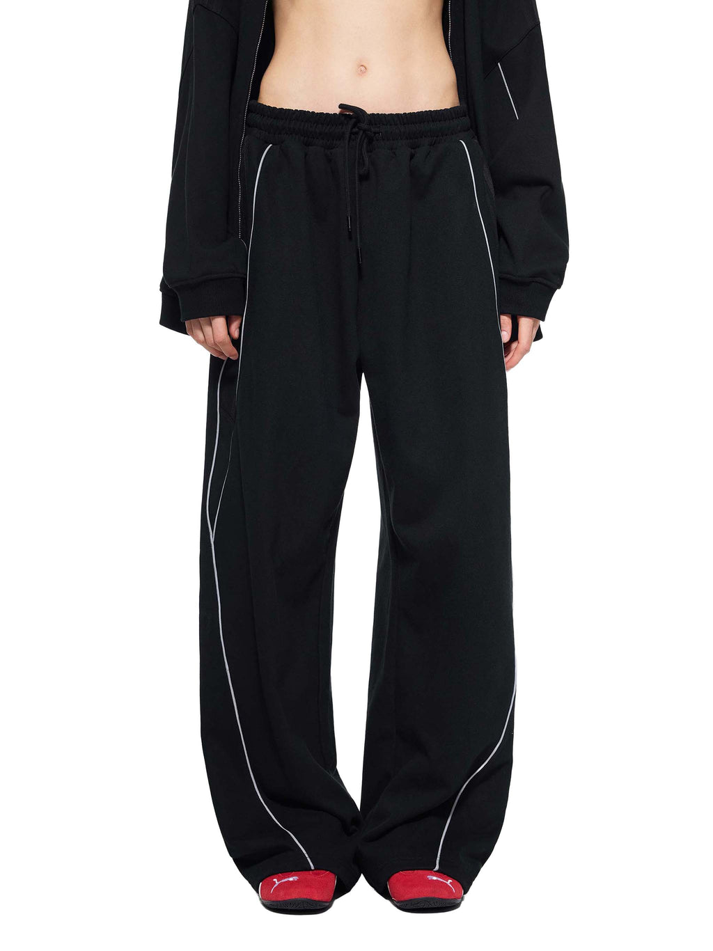 FETISHISTO black reflection striped sweatpants with drawstring waist and relaxed fit
