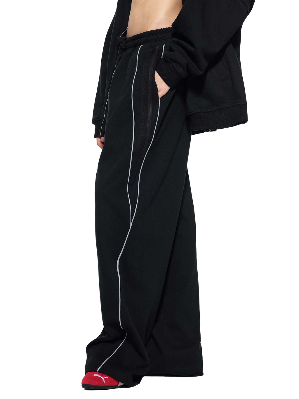 FETISHISTO black reflection striped sweatpants with white vertical stripes and loose fit