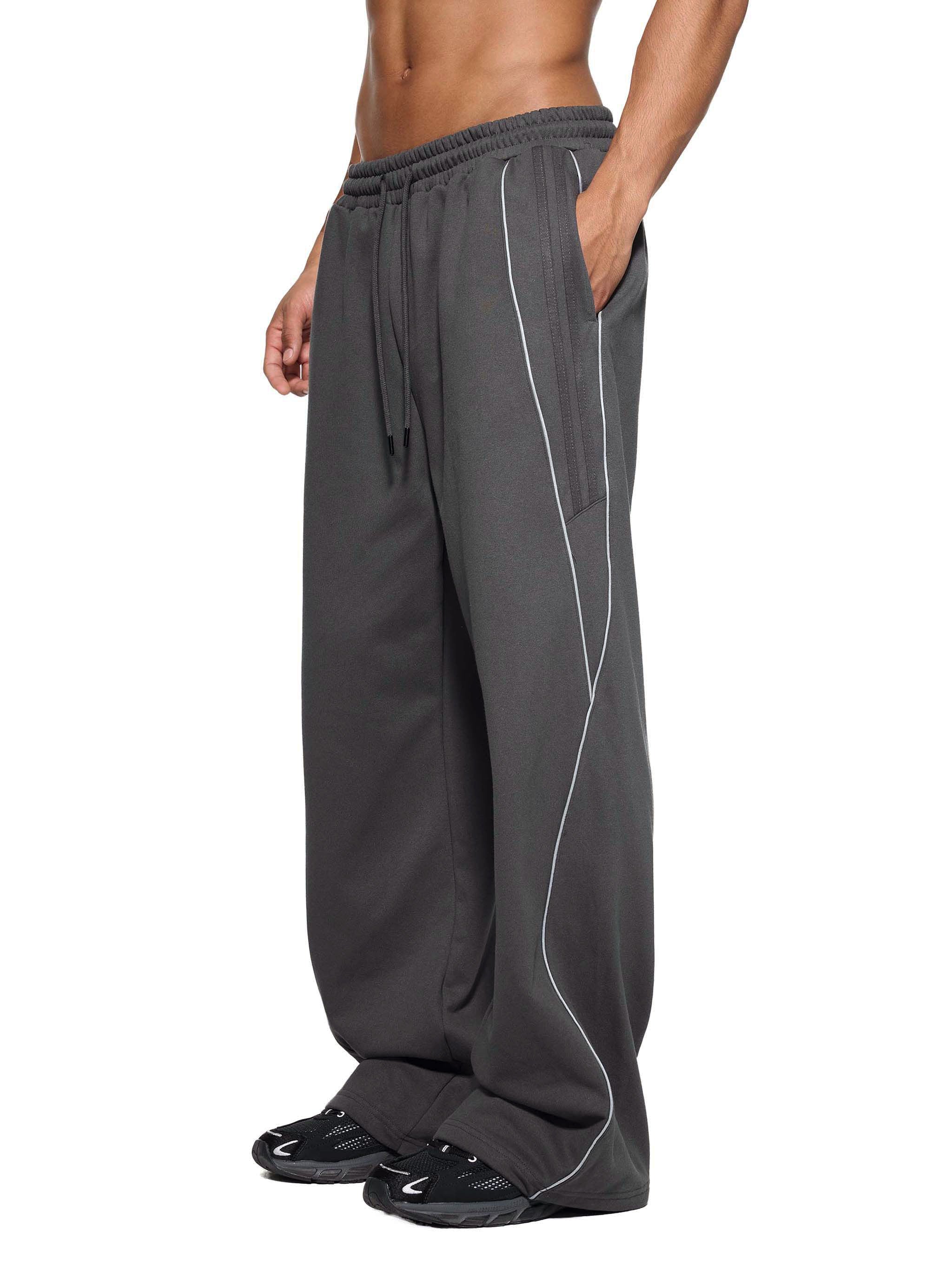 FETISHISTO men's gray reflection striped sweatpants with loose fit and side pockets
