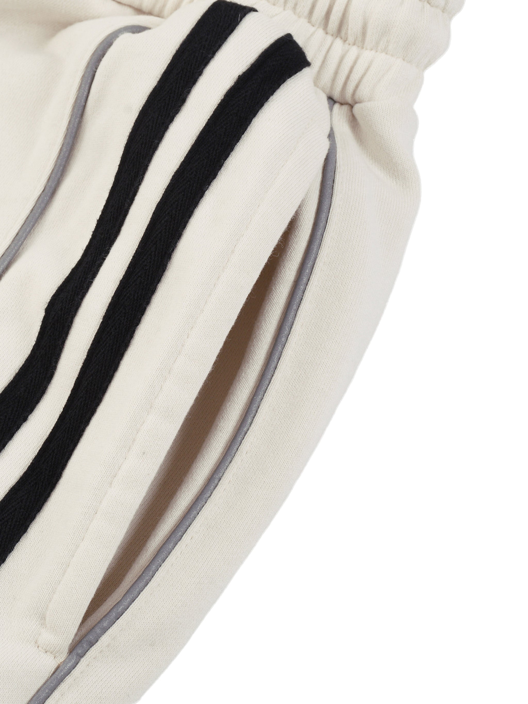Close-up of FETISHISTO reflection striped sweatpants pocket with black stripes and beige fabric