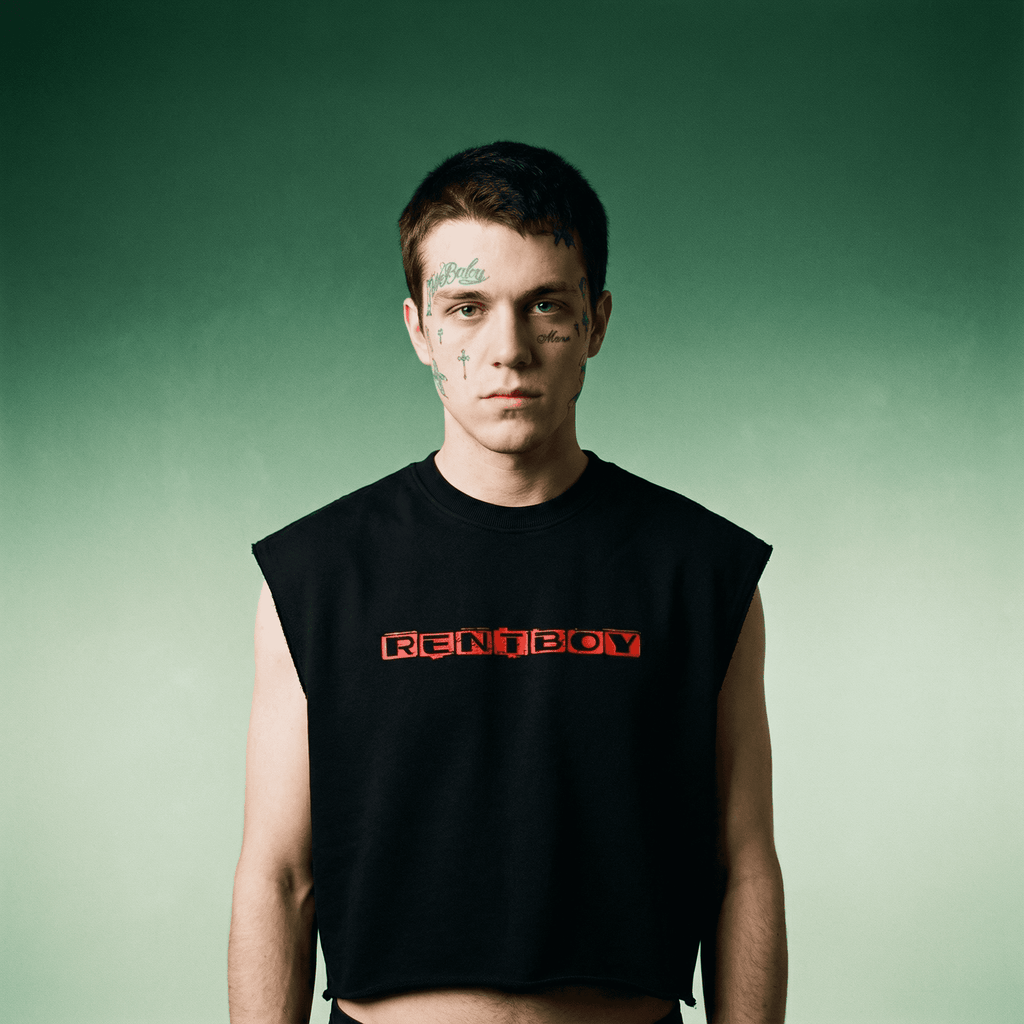 Black french terry boxy tank top by FETISHISTO with red graphic text worn by male model
