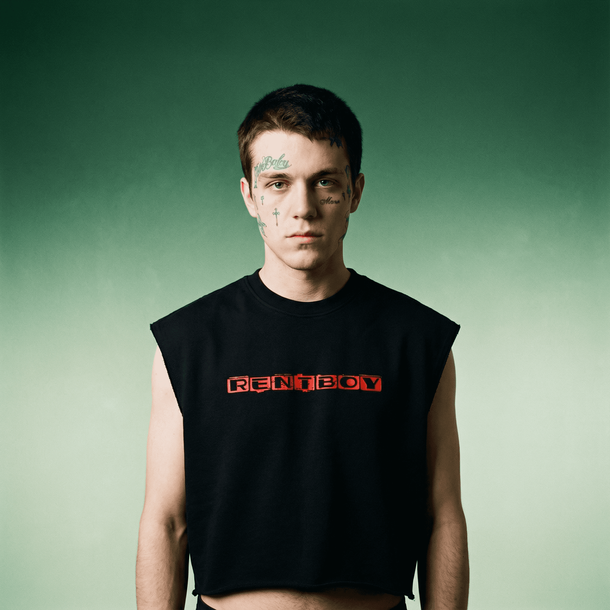 Black french terry boxy tank top by FETISHISTO with red graphic text worn by male model