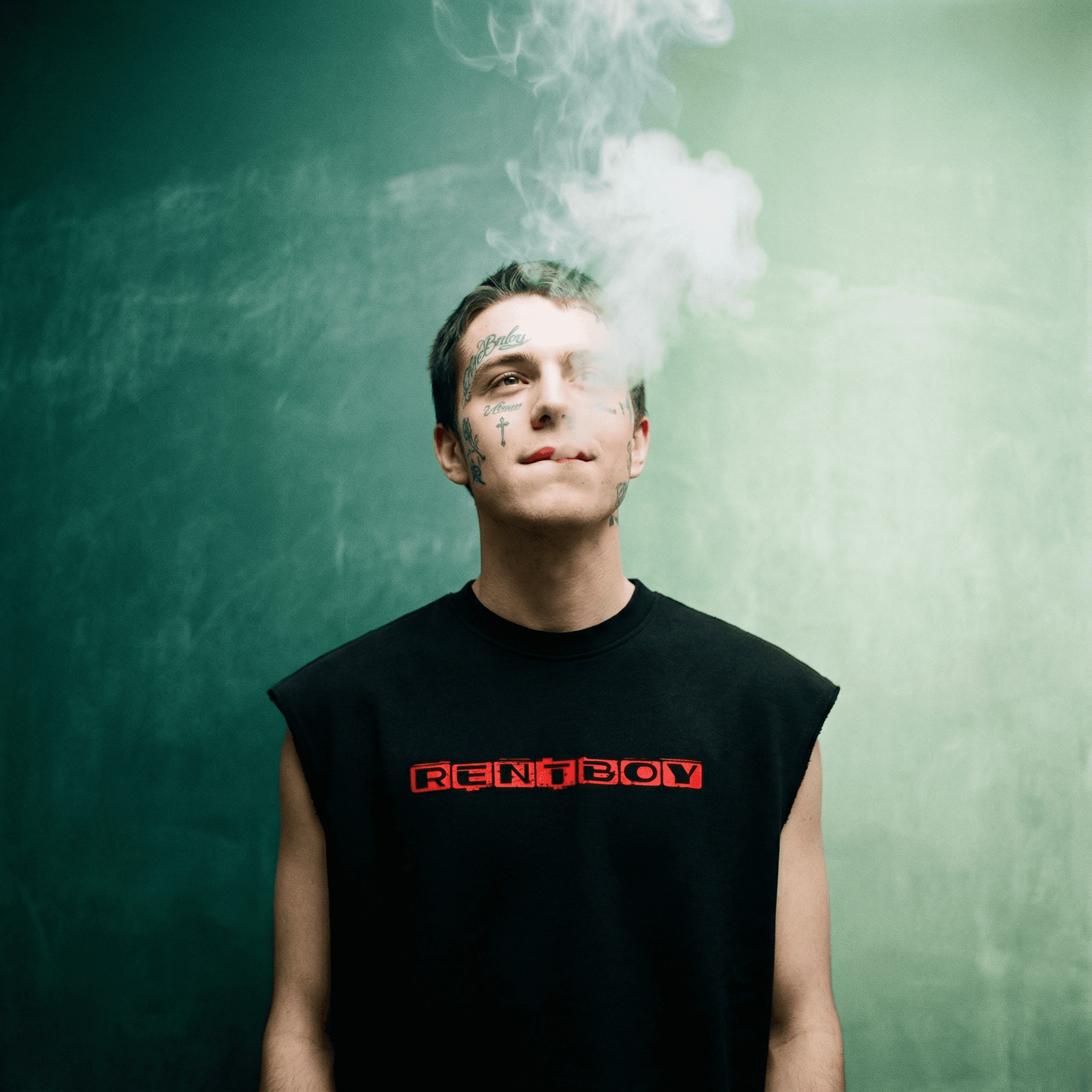 Man wearing black french terry boxy tank top with red RENTBOY print standing against green background