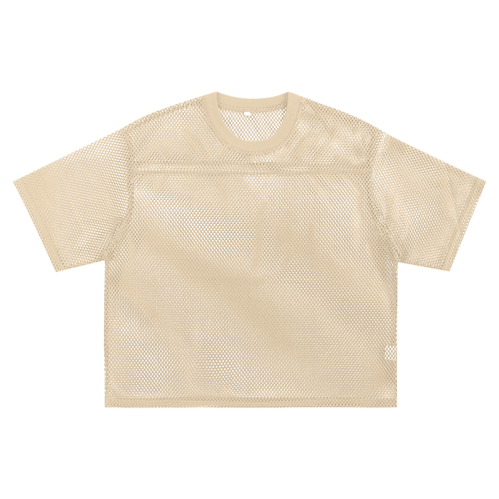 Beige see-through mesh t-shirt with short sleeves and crew neck by ODMPOD