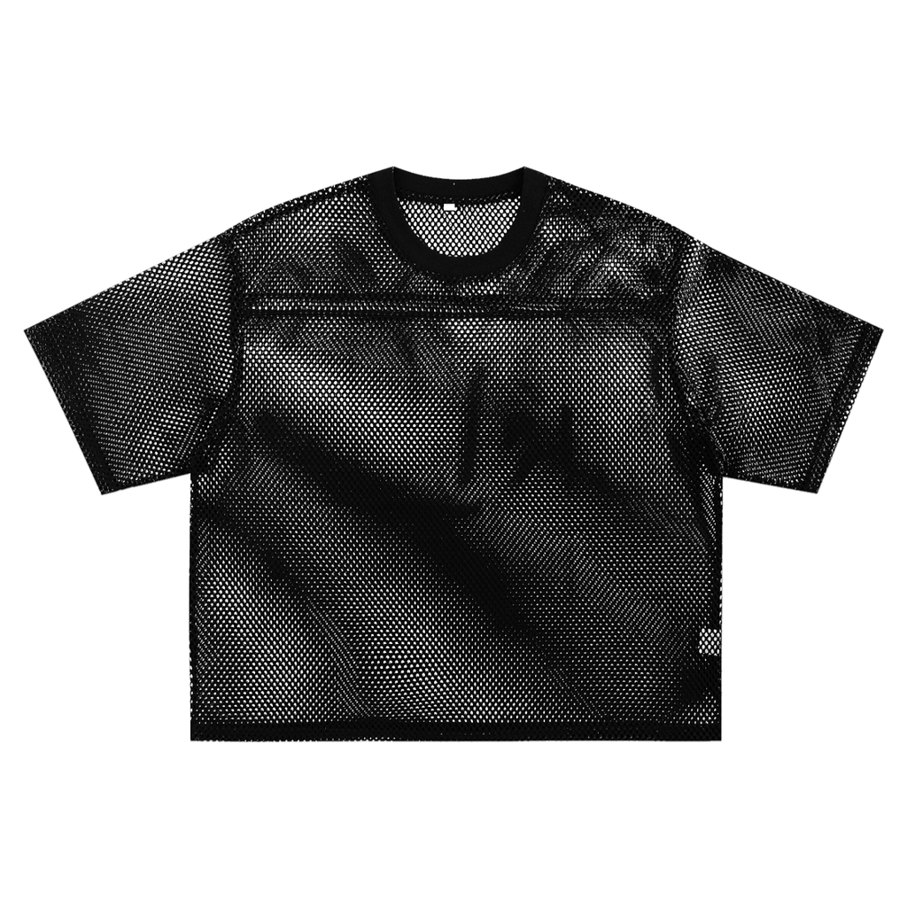 ODMPOD black see-through mesh t-shirt with short sleeves and a round neckline