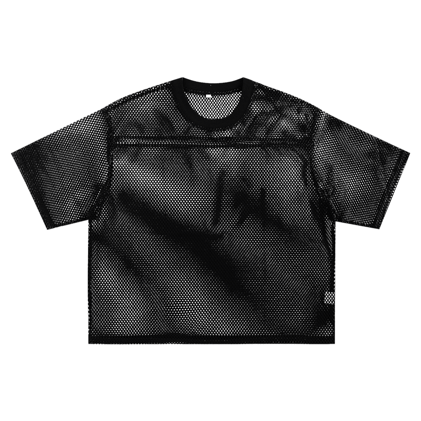 ODMPOD black see-through mesh t-shirt with short sleeves and a round neckline